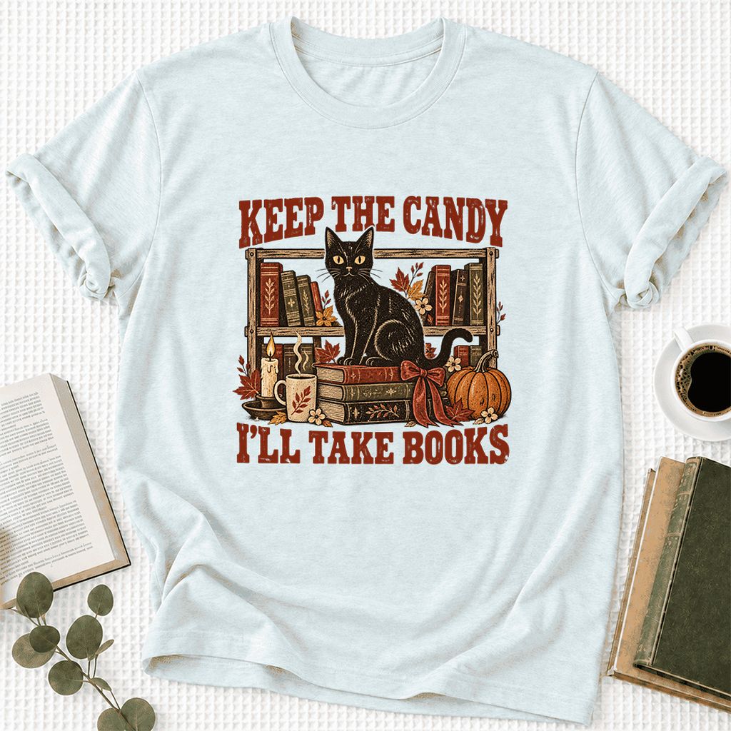 Keep The Candy I'll Take Books Ultra-Soft Cotton T-Shirt | Halloween Reader Gift Heather Ice Blue