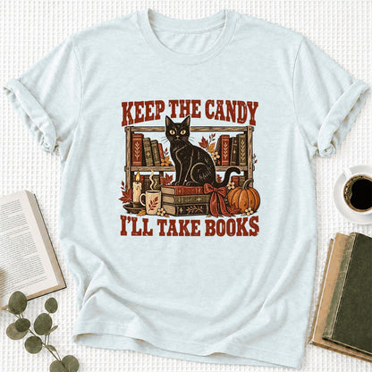 Keep The Candy I'll Take Books Ultra-Soft Cotton T-Shirt | Halloween Reader Gift Heather Ice Blue