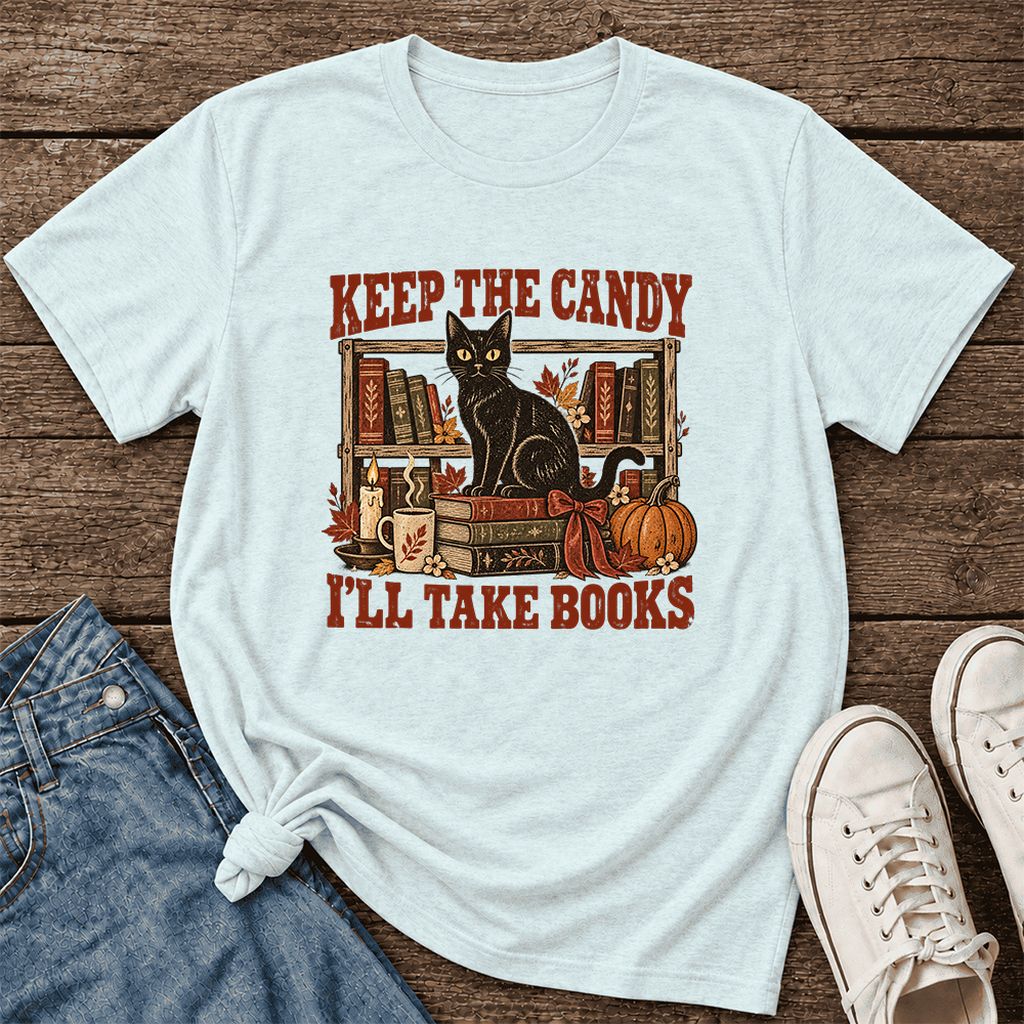 Keep The Candy I'll Take Books Ultra-Soft Cotton T-Shirt | Halloween Reader Gift Heather Ice Blue