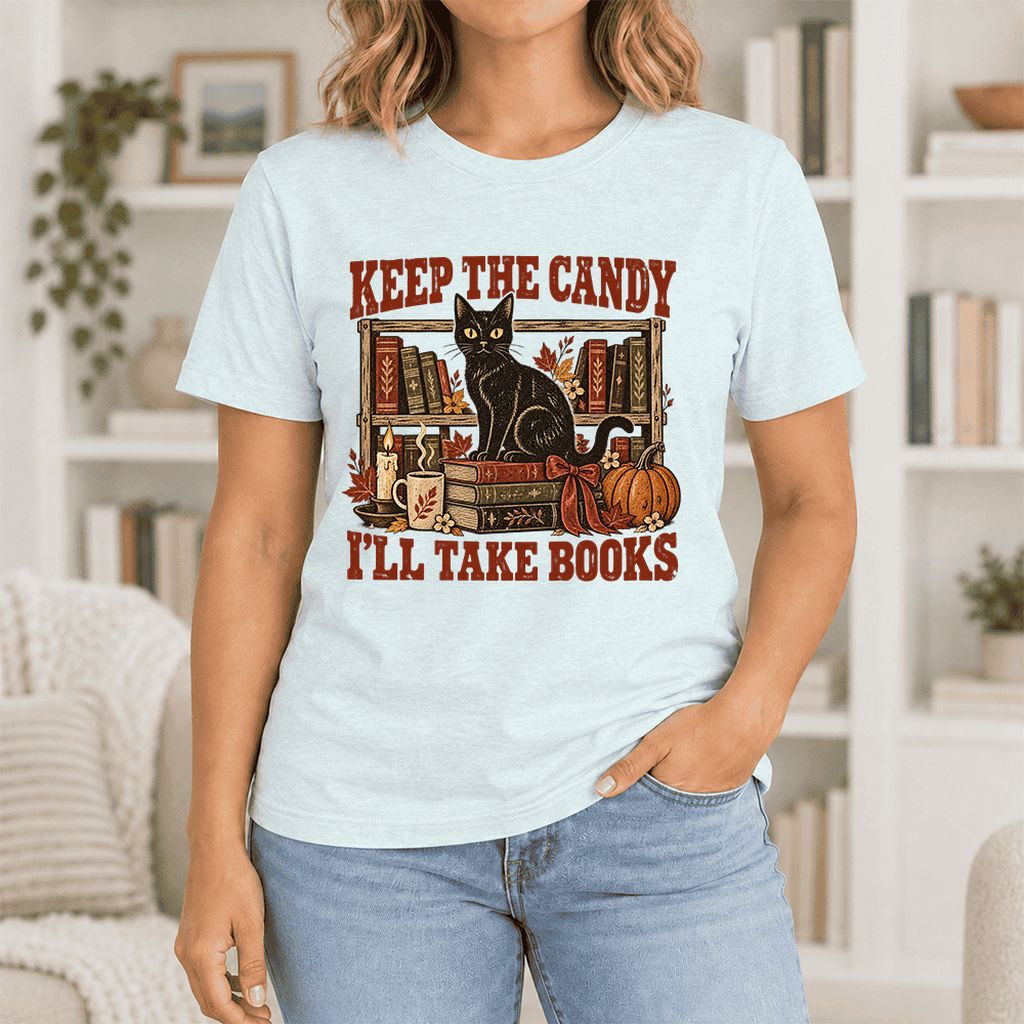 Keep The Candy I'll Take Books Ultra-Soft Cotton T-Shirt | Halloween Reader Gift Heather Ice Blue