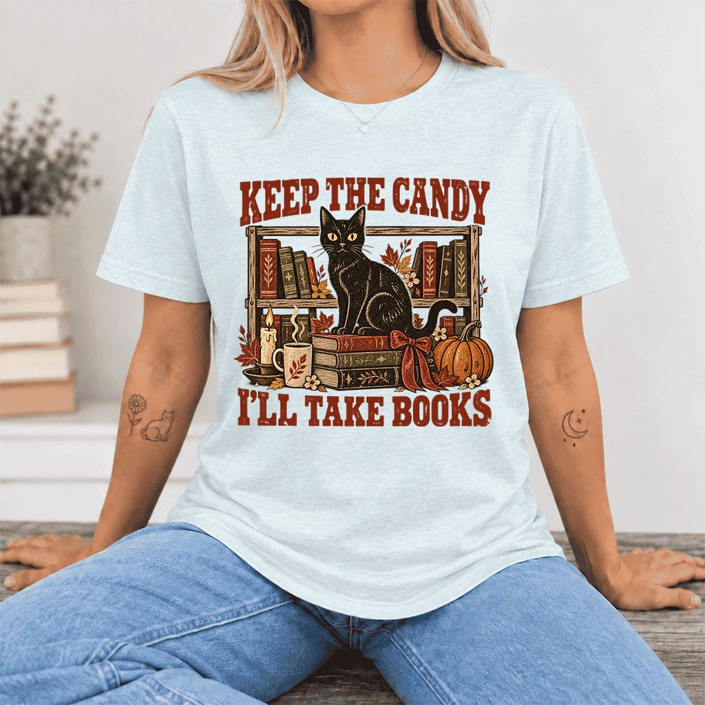Keep The Candy I'll Take Books Ultra-Soft Cotton T-Shirt | Halloween Reader Gift Heather Ice Blue
