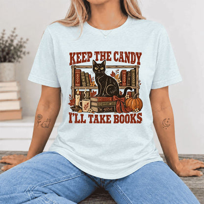 Keep The Candy I'll Take Books Ultra-Soft Cotton T-Shirt | Halloween Reader Gift Heather Ice Blue