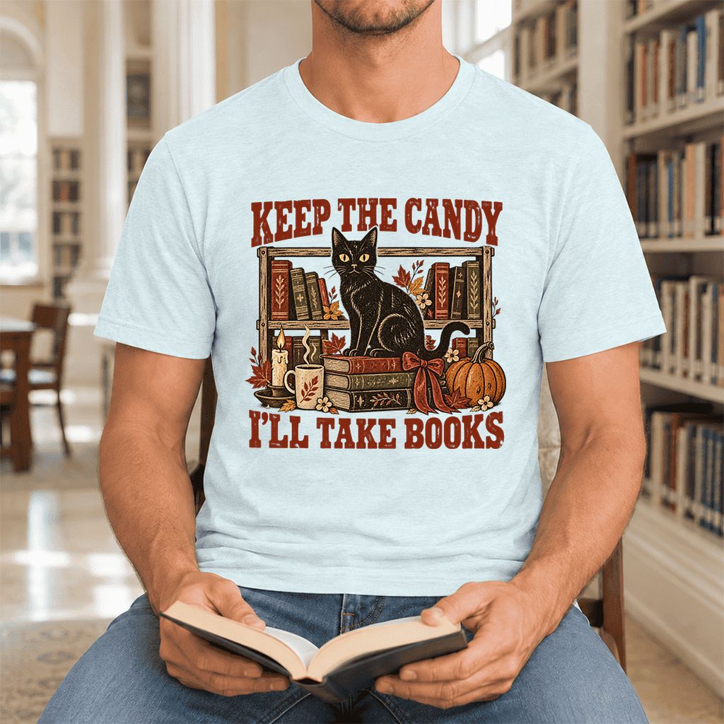 Keep The Candy I'll Take Books Ultra-Soft Cotton T-Shirt | Halloween Reader Gift Heather Ice Blue