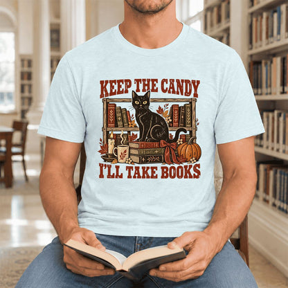 Keep The Candy I'll Take Books Ultra-Soft Cotton T-Shirt | Halloween Reader Gift Heather Ice Blue