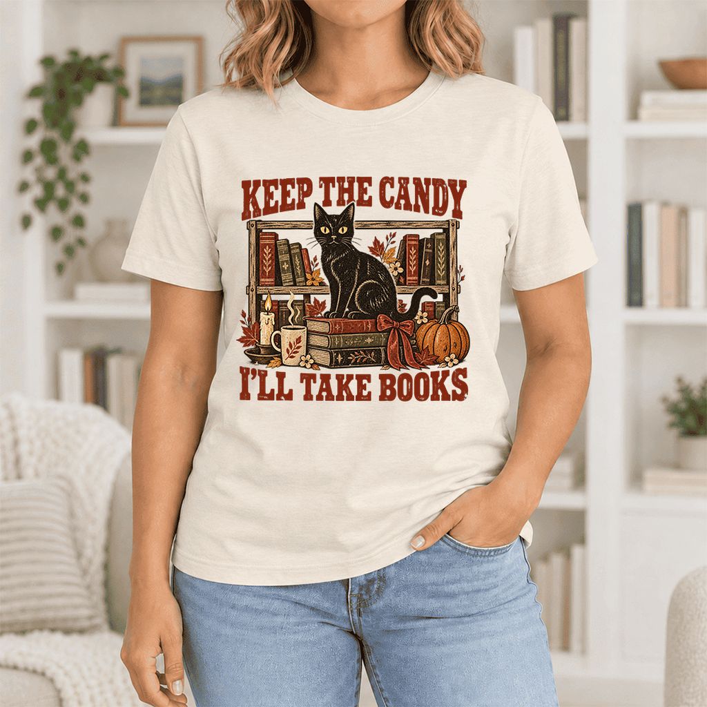 Keep The Candy I'll Take Books Ultra-Soft Cotton T-Shirt | Halloween Reader Gift Natural