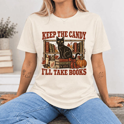 Keep The Candy I'll Take Books Ultra-Soft Cotton T-Shirt | Halloween Reader Gift Natural