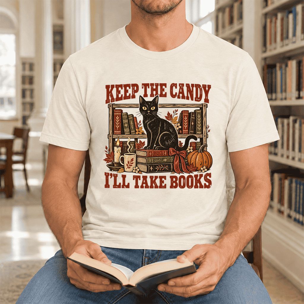 Keep The Candy I'll Take Books Ultra-Soft Cotton T-Shirt | Halloween Reader Gift Natural