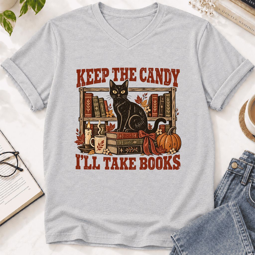 Keep The Candy I'll Take Books Ultra-Soft V-Neck | Halloween Reader Gift Ash