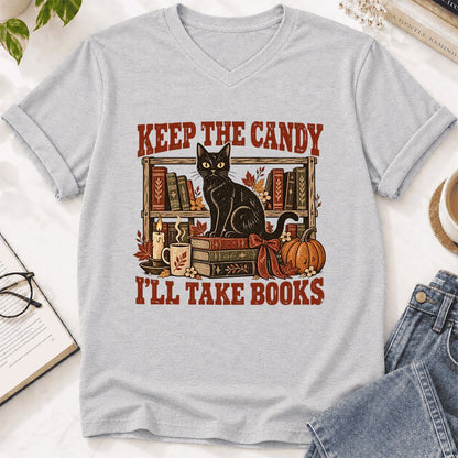Keep The Candy I'll Take Books Ultra-Soft V-Neck | Halloween Reader Gift Ash