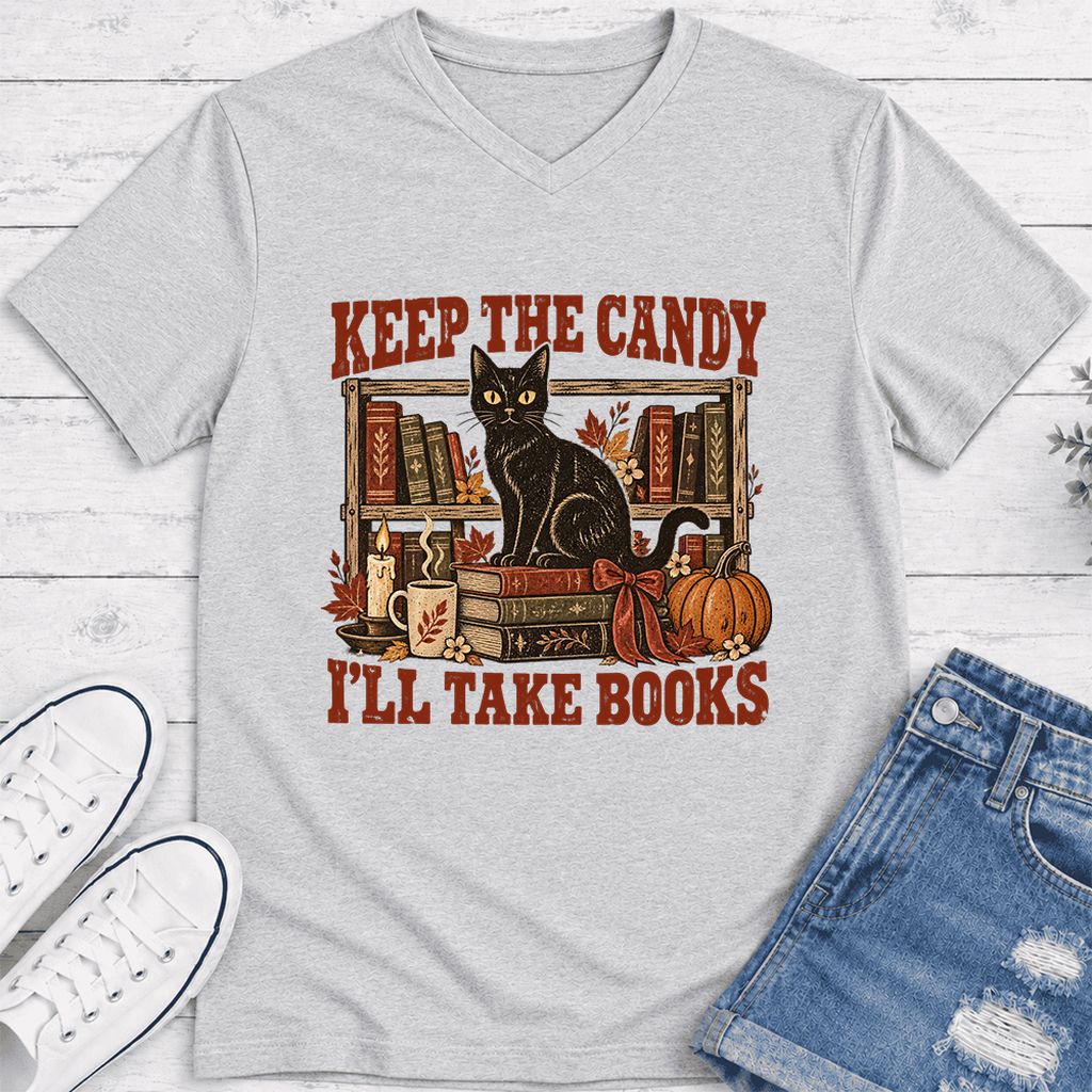 Keep The Candy I'll Take Books Ultra-Soft V-Neck | Halloween Reader Gift Ash