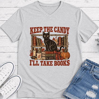 Keep The Candy I'll Take Books Ultra-Soft V-Neck | Halloween Reader Gift Ash