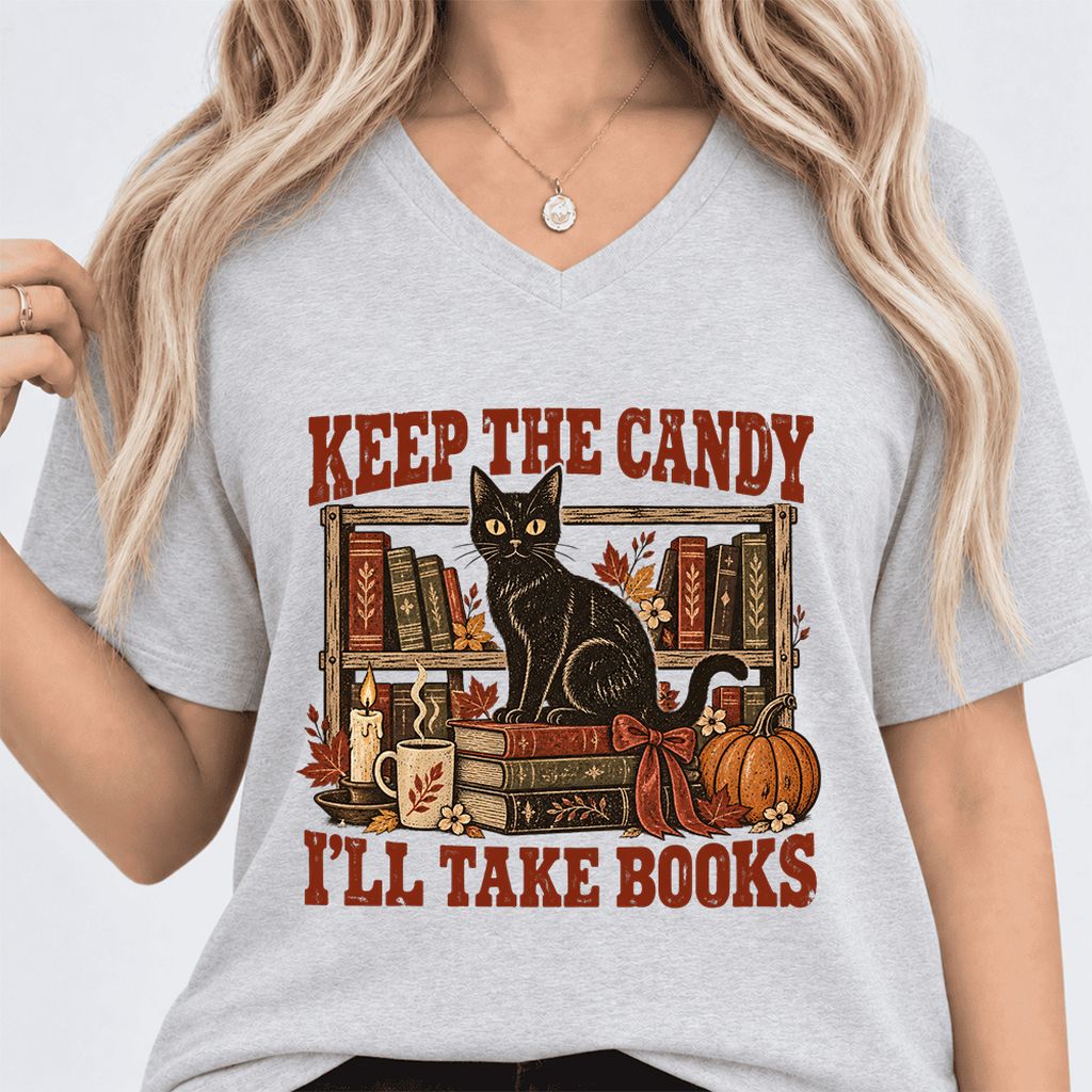Keep The Candy I'll Take Books Ultra-Soft V-Neck | Halloween Reader Gift Ash