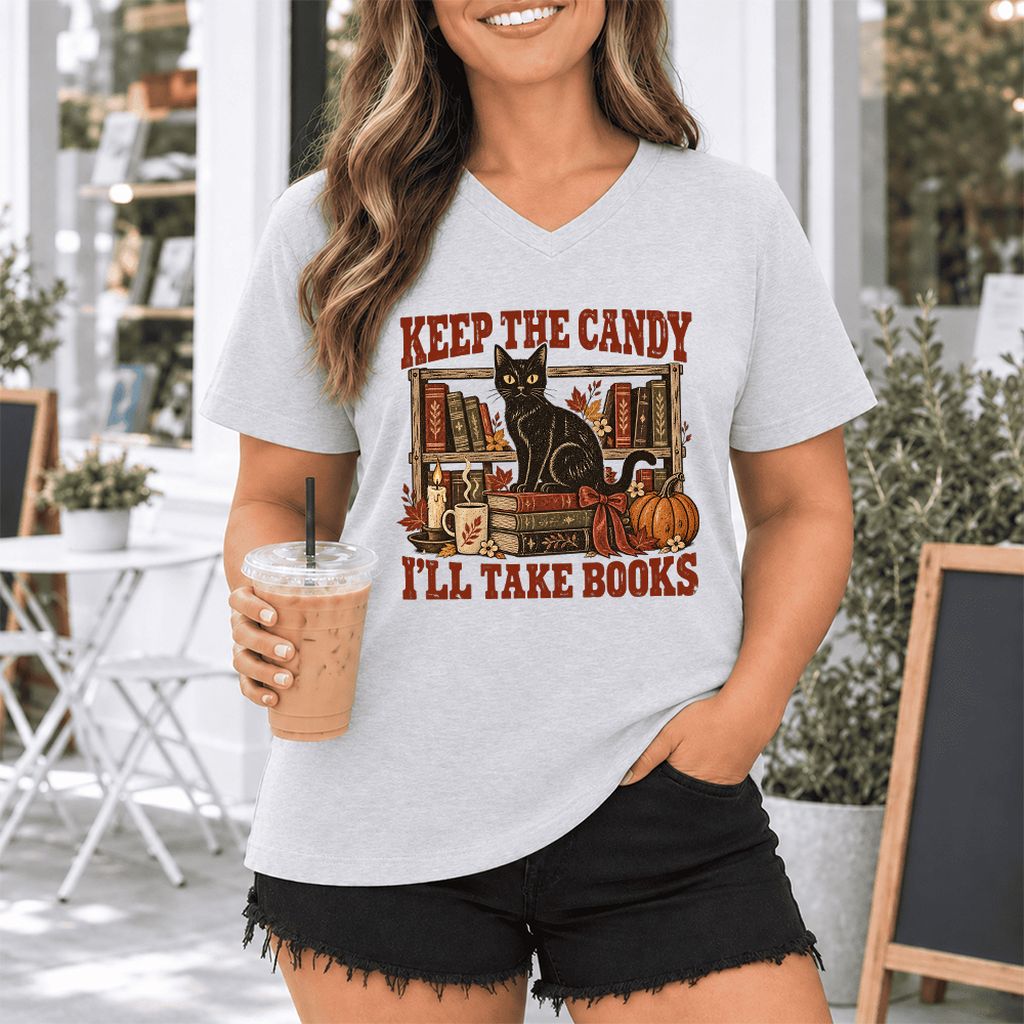Keep The Candy I'll Take Books Ultra-Soft V-Neck | Halloween Reader Gift Ash
