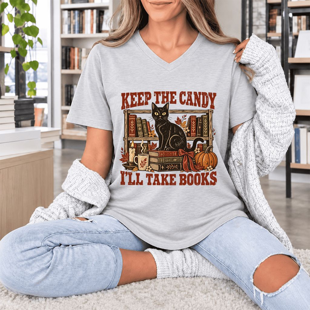 Keep The Candy I'll Take Books Ultra-Soft V-Neck | Halloween Reader Gift Ash