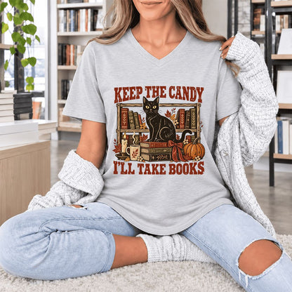 Keep The Candy I'll Take Books Ultra-Soft V-Neck | Halloween Reader Gift Ash