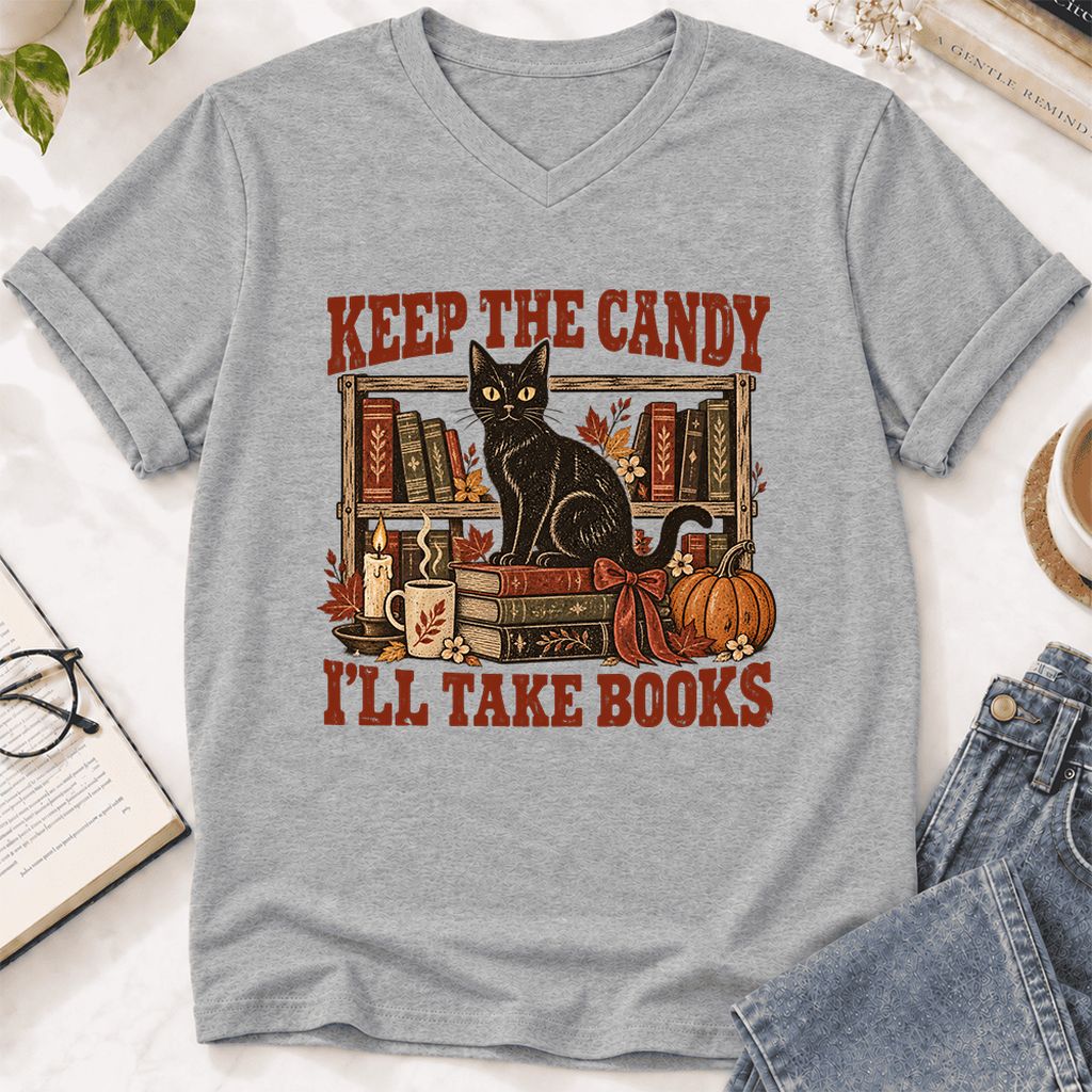 Keep The Candy I'll Take Books Ultra-Soft V-Neck | Halloween Reader Gift Athletic Heather