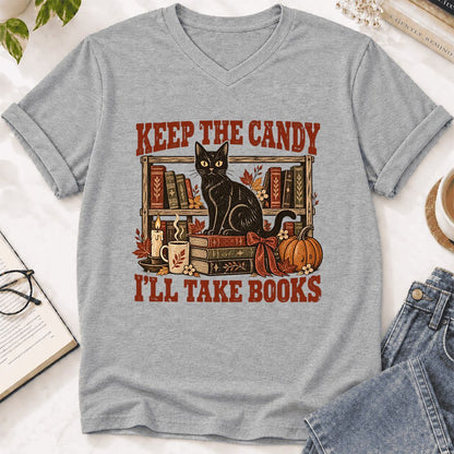 Keep The Candy I'll Take Books Ultra-Soft V-Neck | Halloween Reader Gift Athletic Heather
