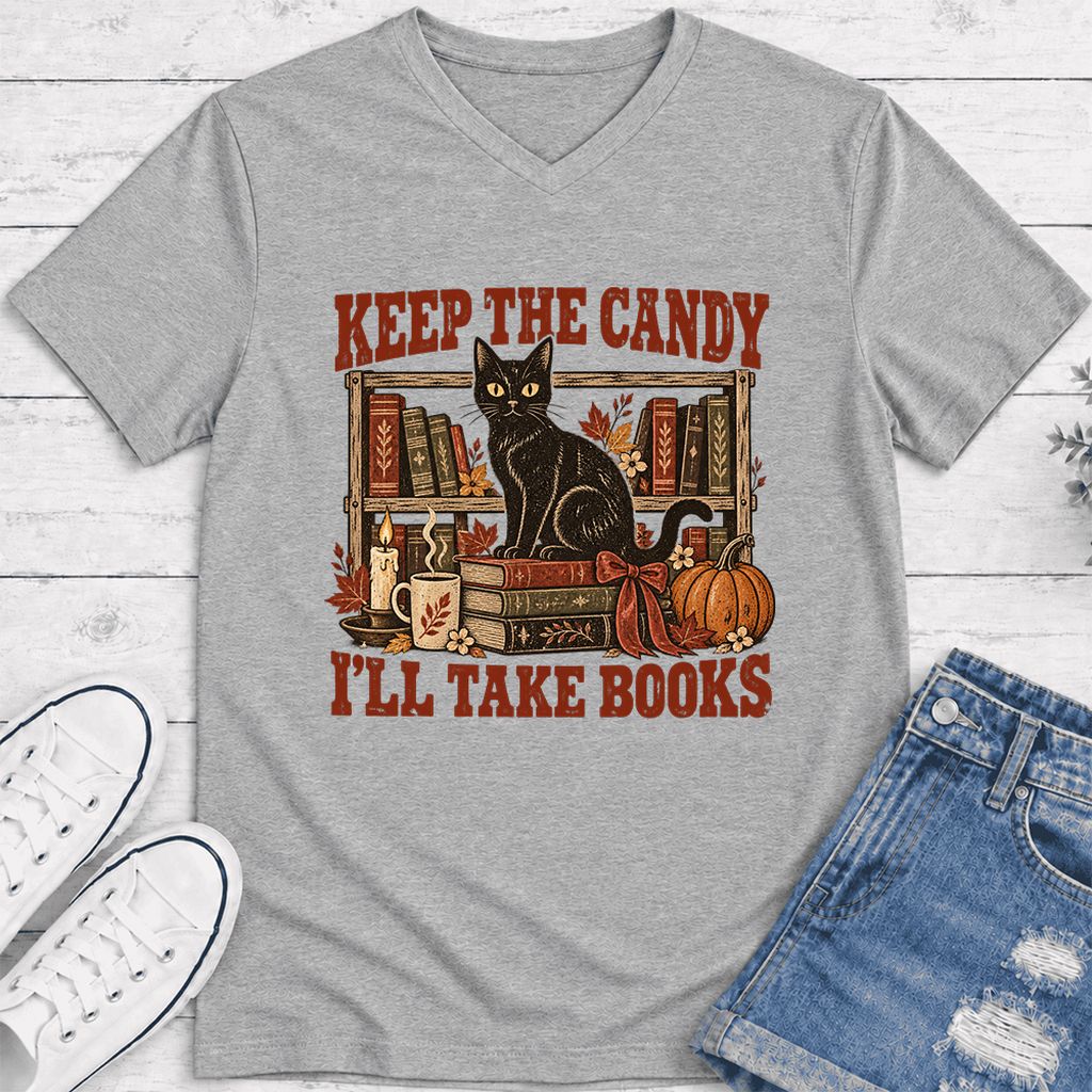 Keep The Candy I'll Take Books Ultra-Soft V-Neck | Halloween Reader Gift Athletic Heather