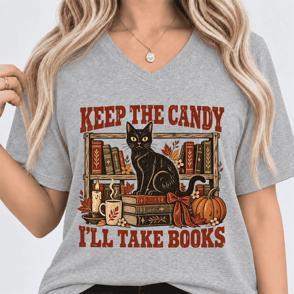 Keep The Candy I'll Take Books Ultra-Soft V-Neck | Halloween Reader Gift Athletic Heather