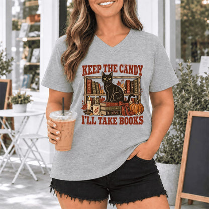 Keep The Candy I'll Take Books Ultra-Soft V-Neck | Halloween Reader Gift Athletic Heather
