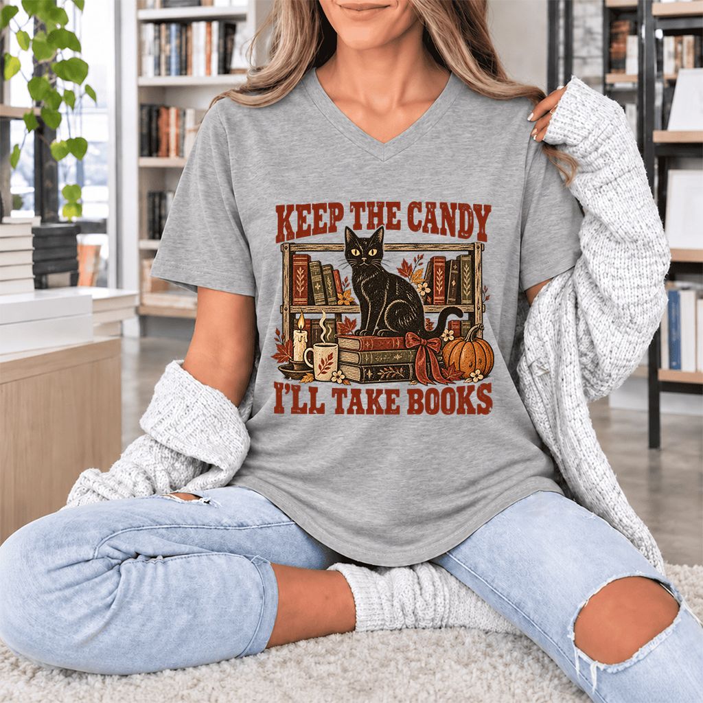Keep The Candy I'll Take Books Ultra-Soft V-Neck | Halloween Reader Gift Athletic Heather