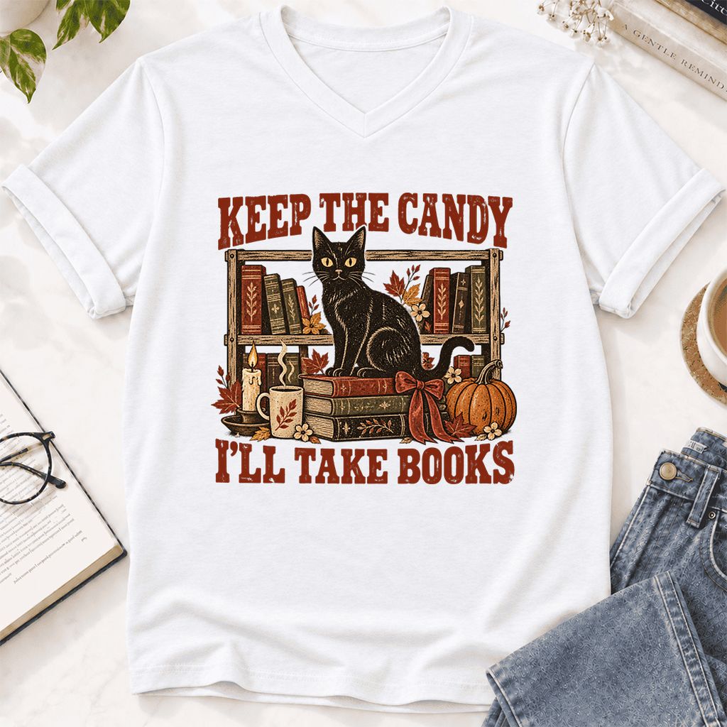 Keep The Candy I'll Take Books Ultra-Soft V-Neck | Halloween Reader Gift White