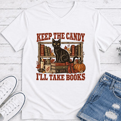 Keep The Candy I'll Take Books Ultra-Soft V-Neck | Halloween Reader Gift White