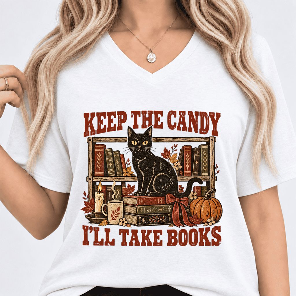 Keep The Candy I'll Take Books Ultra-Soft V-Neck | Halloween Reader Gift White