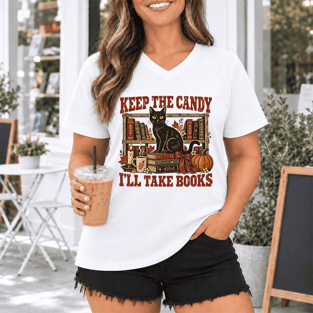 Keep The Candy I'll Take Books Ultra-Soft V-Neck | Halloween Reader Gift White