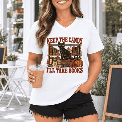 Keep The Candy I'll Take Books Ultra-Soft V-Neck | Halloween Reader Gift White