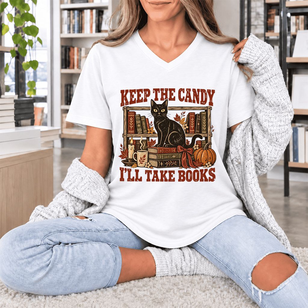 Keep The Candy I'll Take Books Ultra-Soft V-Neck | Halloween Reader Gift White