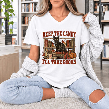 Keep The Candy I'll Take Books Ultra-Soft V-Neck | Halloween Reader Gift White