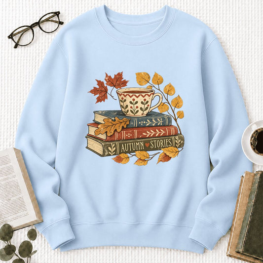 Autumn Stories Book Stack Crewneck Sweatshirt | Cozy Fall Reader Gift Light Blue