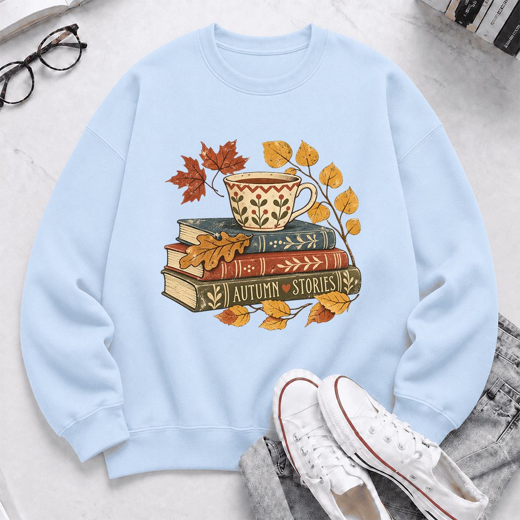 Autumn Stories Book Stack Crewneck Sweatshirt | Cozy Fall Reader Gift Light Blue