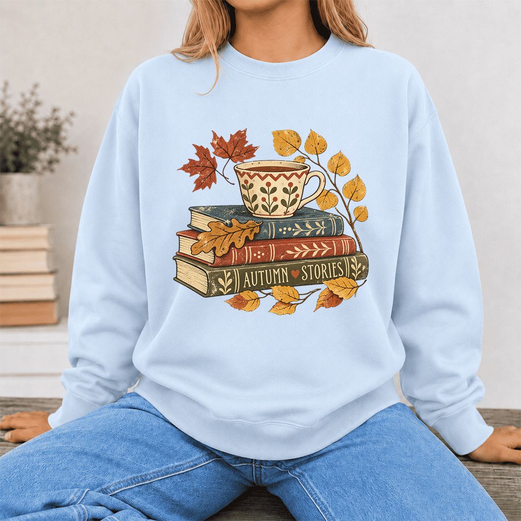 Autumn Stories Book Stack Crewneck Sweatshirt | Cozy Fall Reader Gift Light Blue
