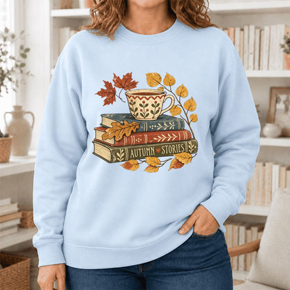 Autumn Stories Book Stack Crewneck Sweatshirt | Cozy Fall Reader Gift Light Blue