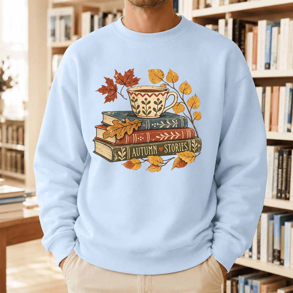 Autumn Stories Book Stack Crewneck Sweatshirt | Cozy Fall Reader Gift Light Blue