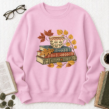 Autumn Stories Book Stack Crewneck Sweatshirt | Cozy Fall Reader Gift Light Pink