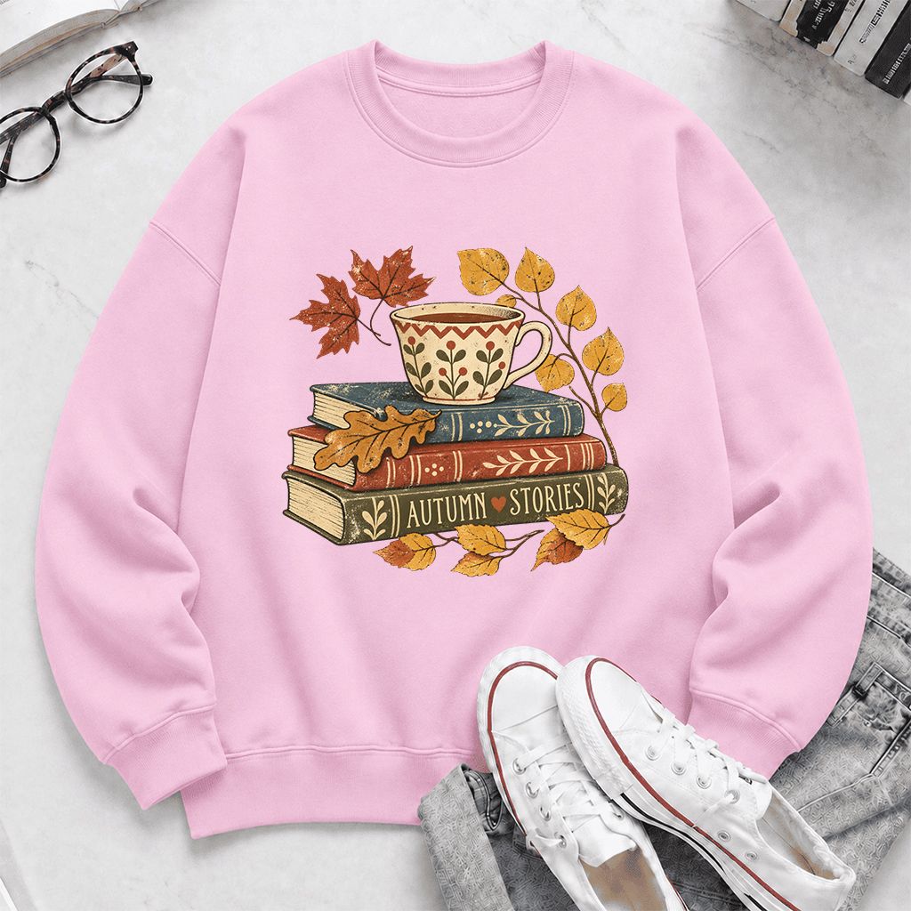 Autumn Stories Book Stack Crewneck Sweatshirt | Cozy Fall Reader Gift Light Pink