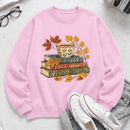 Autumn Stories Book Stack Crewneck Sweatshirt | Cozy Fall Reader Gift Light Pink