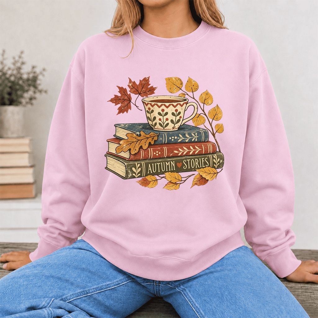 Autumn Stories Book Stack Crewneck Sweatshirt | Cozy Fall Reader Gift Light Pink