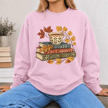 Autumn Stories Book Stack Crewneck Sweatshirt | Cozy Fall Reader Gift Light Pink