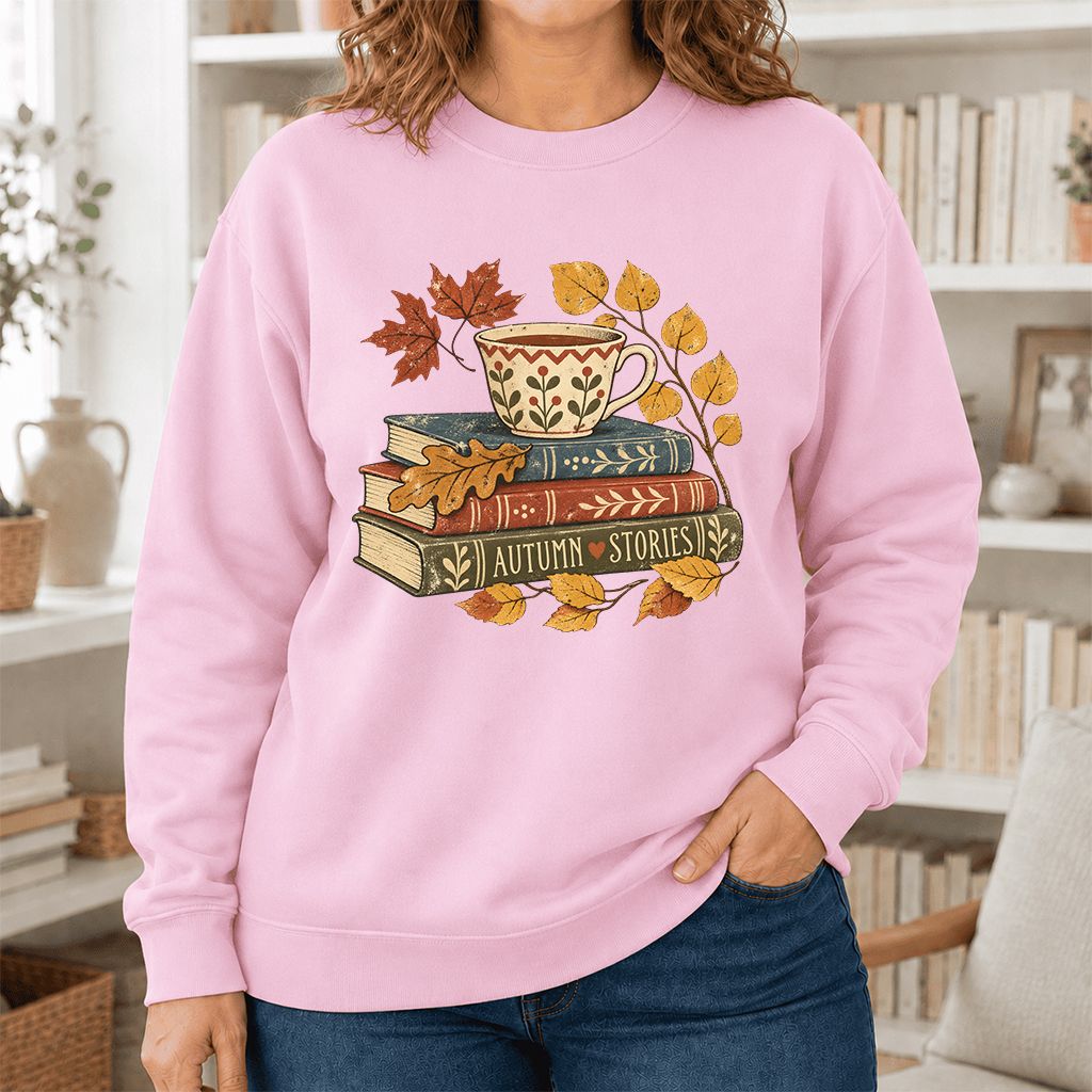 Autumn Stories Book Stack Crewneck Sweatshirt | Cozy Fall Reader Gift Light Pink