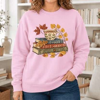 Autumn Stories Book Stack Crewneck Sweatshirt | Cozy Fall Reader Gift Light Pink