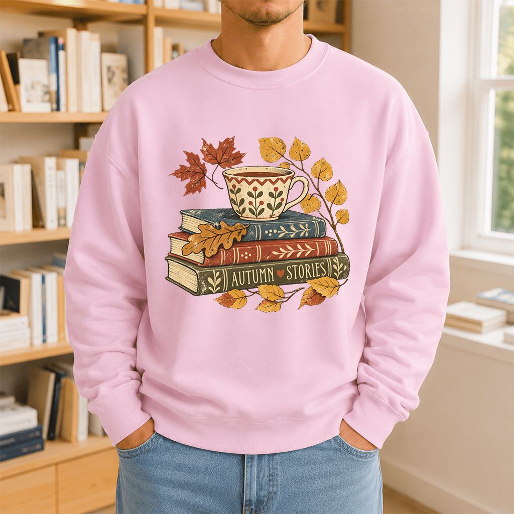 Autumn Stories Book Stack Crewneck Sweatshirt | Cozy Fall Reader Gift Light Pink
