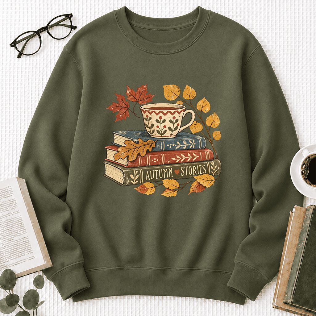 Autumn Stories Book Stack Crewneck Sweatshirt | Cozy Fall Reader Gift Military Green