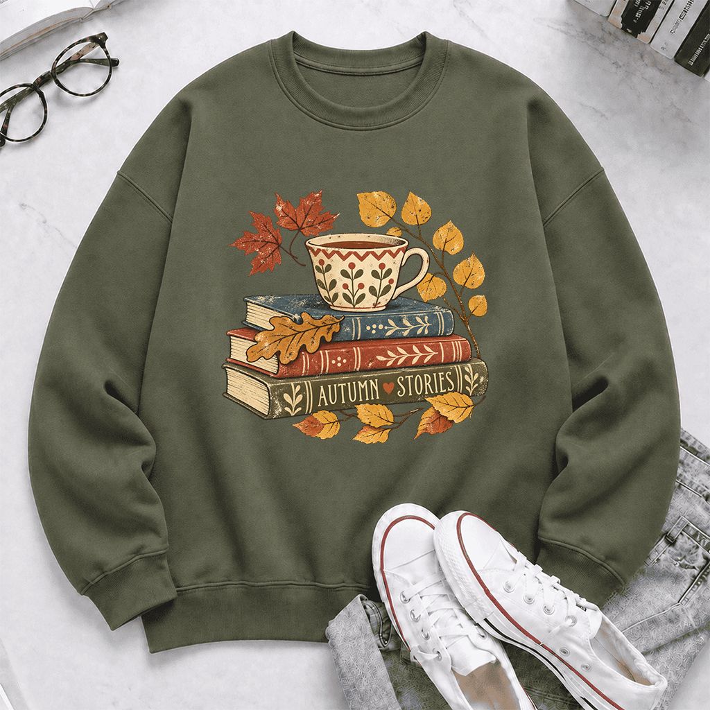 Autumn Stories Book Stack Crewneck Sweatshirt | Cozy Fall Reader Gift Military Green