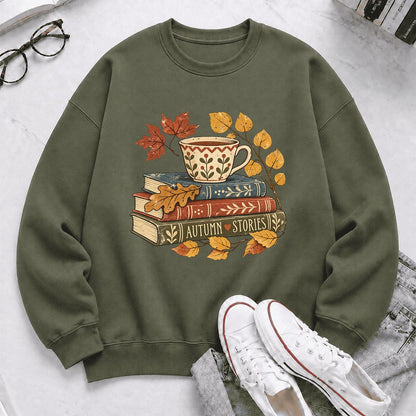 Autumn Stories Book Stack Crewneck Sweatshirt | Cozy Fall Reader Gift Military Green