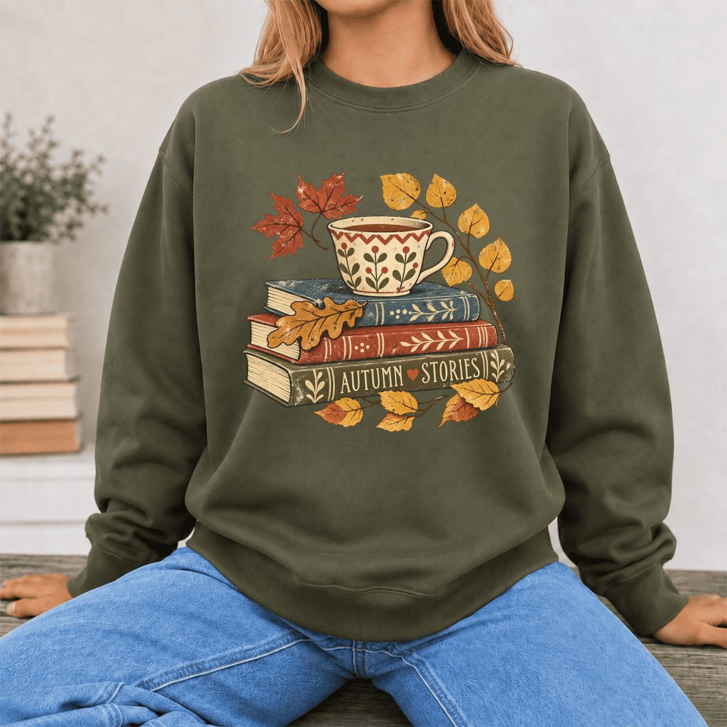 Autumn Stories Book Stack Crewneck Sweatshirt | Cozy Fall Reader Gift Military Green