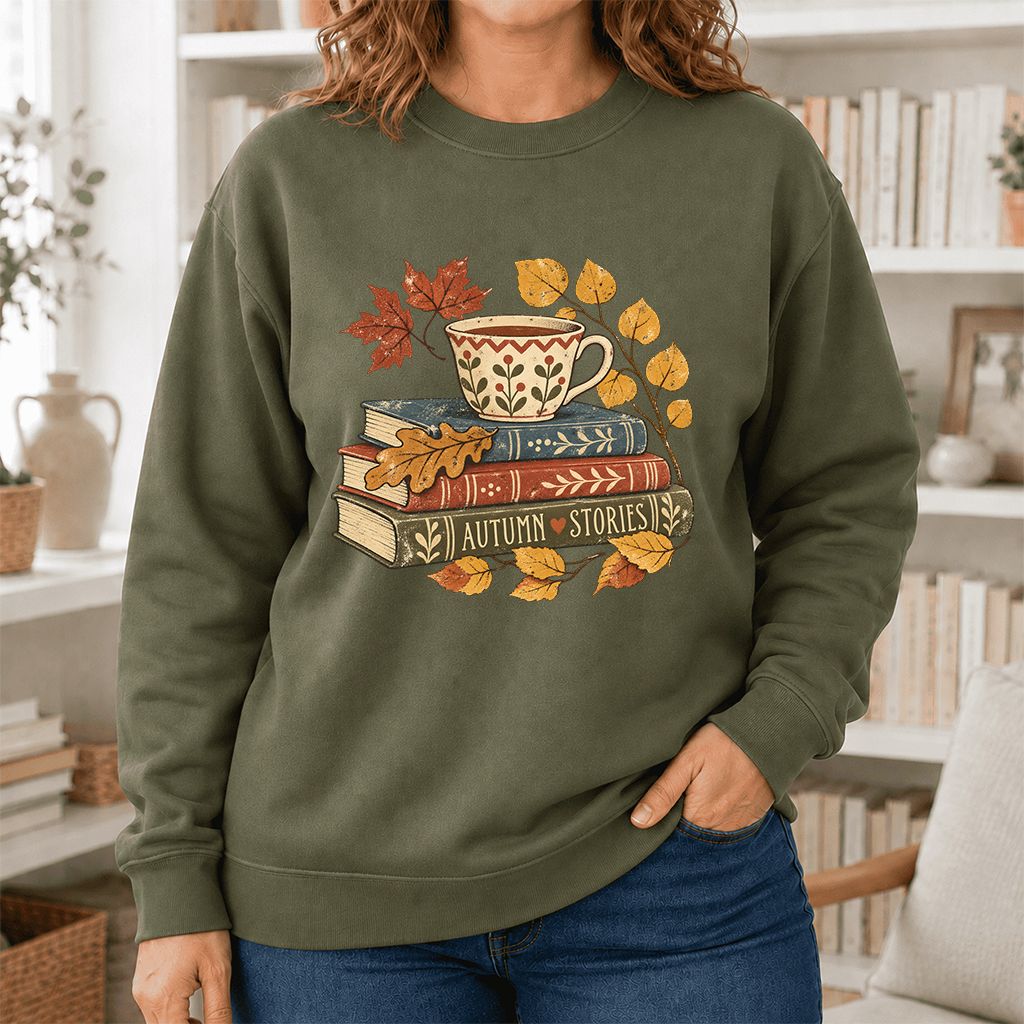 Autumn Stories Book Stack Crewneck Sweatshirt | Cozy Fall Reader Gift Military Green